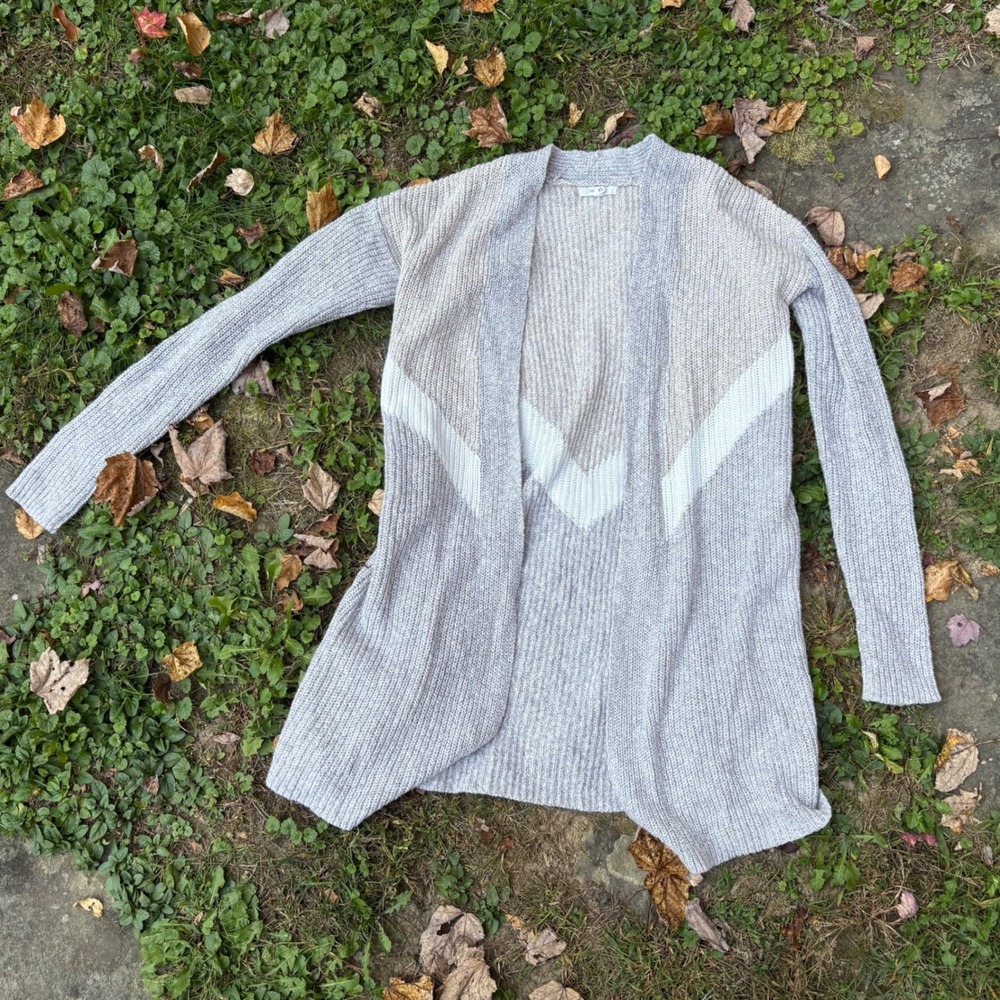 Boho Chevron Knit Cardigan Womens XS Tan White Open Front Duster
